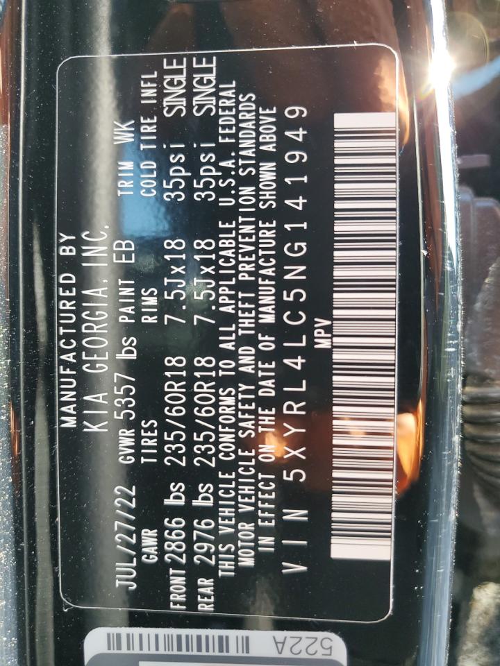2022 KIA SORENTO S VIN:5XYRL4LC5NG141949
