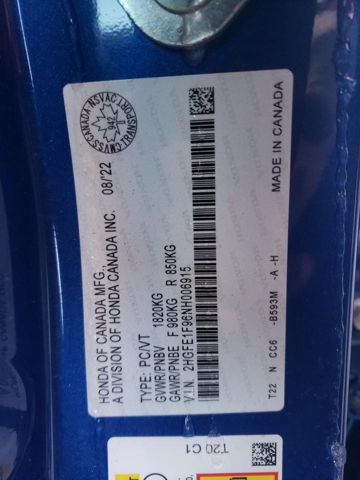 2022 HONDA CIVIC TOURING VIN:2HGFE1F96NH006915