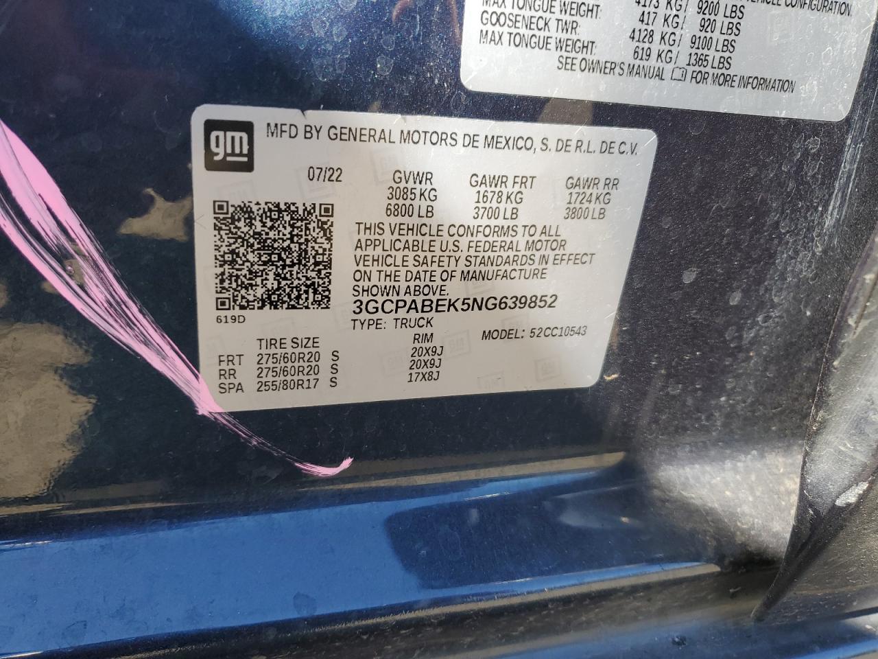 2022 CHEVROLET SILVERADO C1500 CUSTOM VIN:3GCPABEK5NG639852