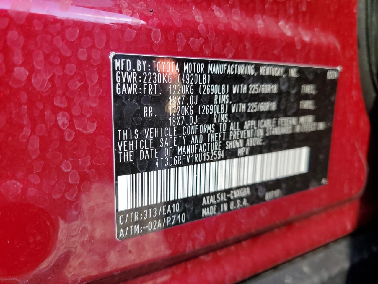 2024 TOYOTA RAV4 LIMITED VIN:4T3D6RFV1RU152594