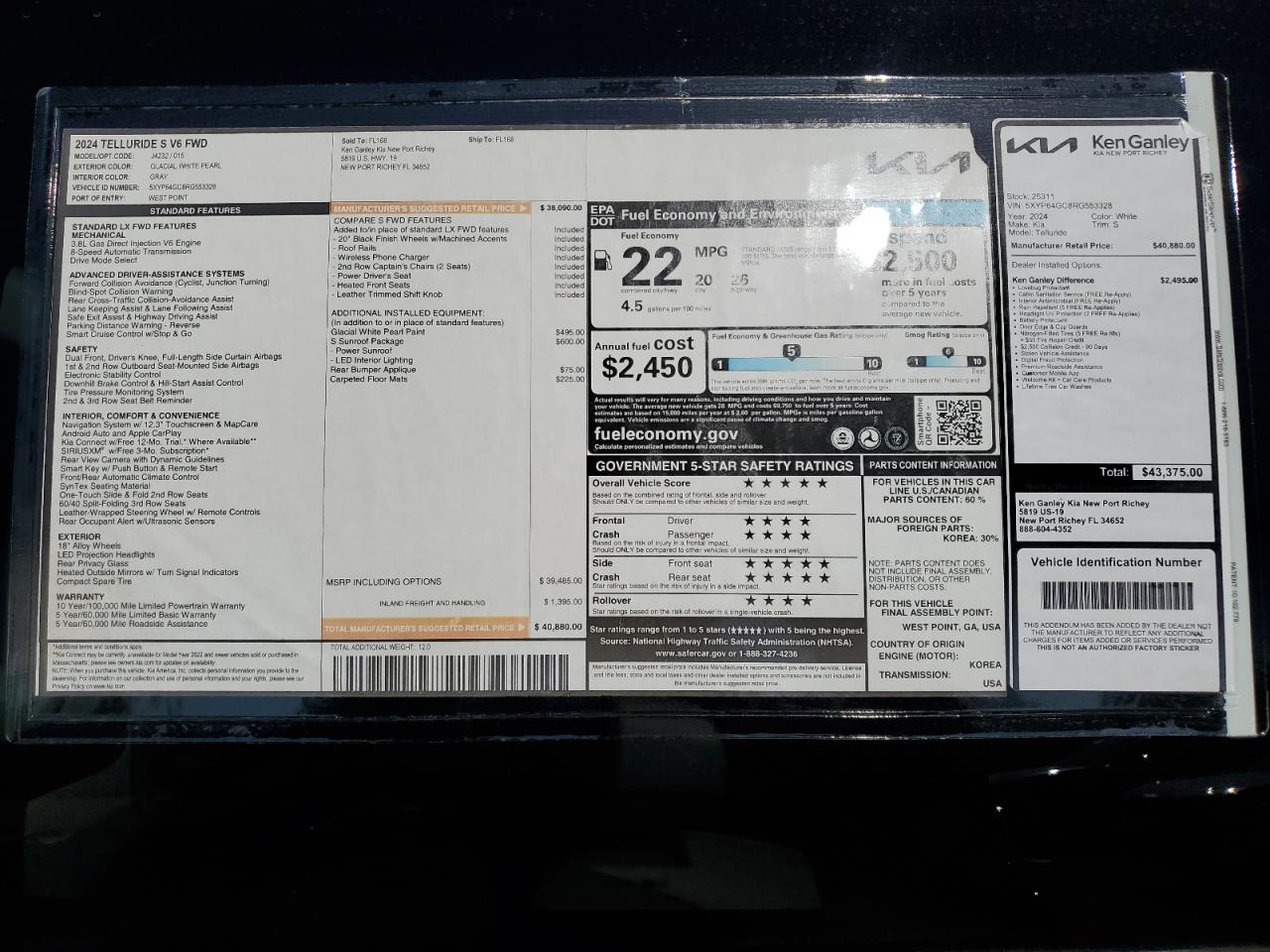 2024 KIA TELLURIDE S VIN:5XYP64GC8RG553328