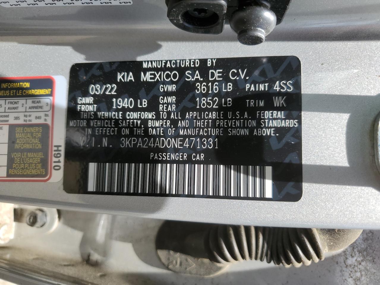 2022 KIA RIO LX VIN:3KPA24AD0NE471331