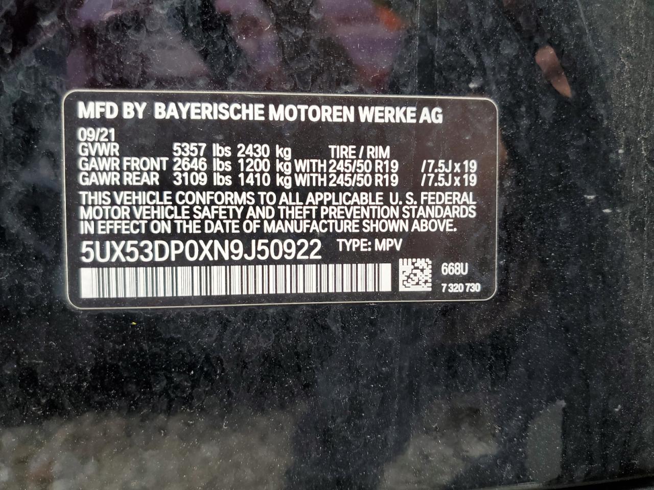 2022 BMW X3 XDRIVE30I VIN:5UX53DP0XN9J50922