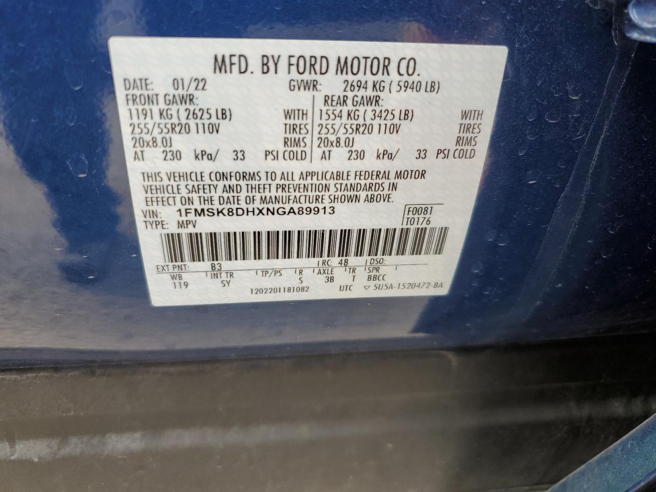 2022 FORD EXPLORER XLT VIN:1FMSK8DHXNGA89913