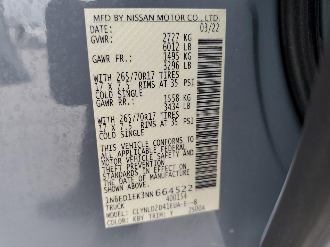 2022 NISSAN FRONTIER S VIN:1N6ED1EK3NN664522