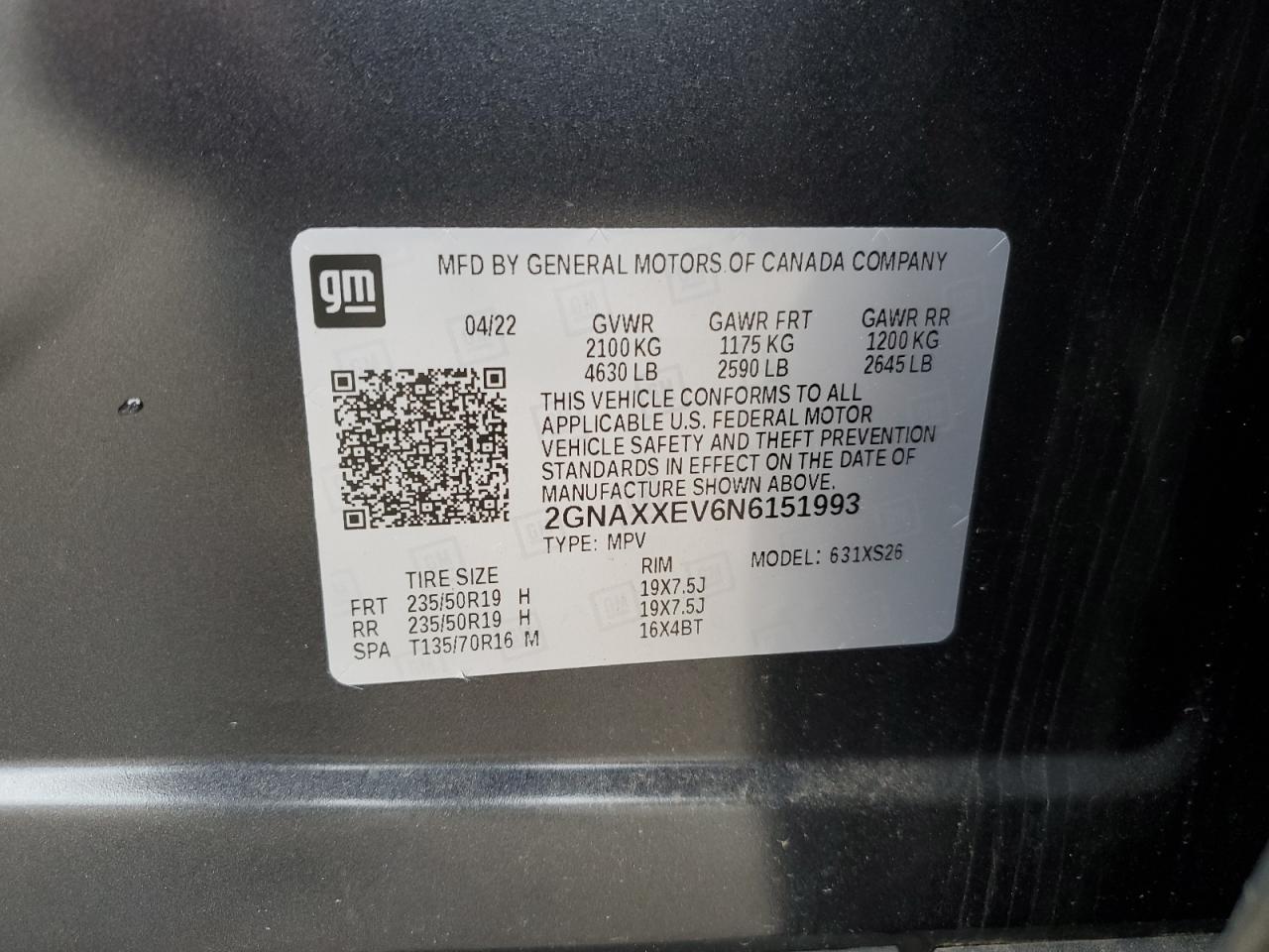 2022 CHEVROLET EQUINOX PREMIER VIN:2GNAXXEV6N6151993