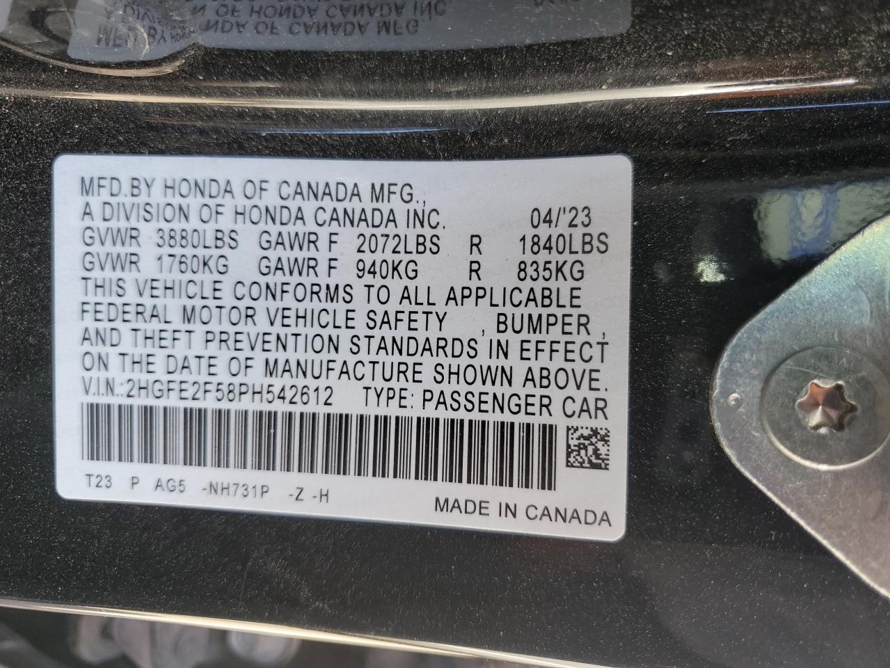 2023 HONDA CIVIC SPORT VIN:2HGFE2F58PH542612