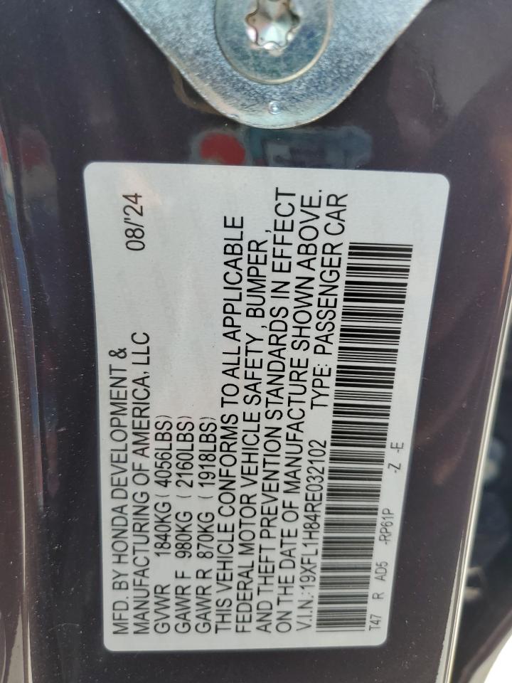 2024 HONDA CIVIC SPORT TOURING VIN:19XFL1H84RE032102