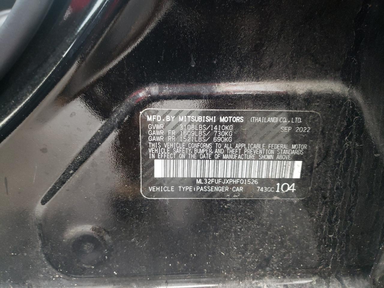 2023 MITSUBISHI MIRAGE G4 ES VIN:ML32FUFJXPHF01526