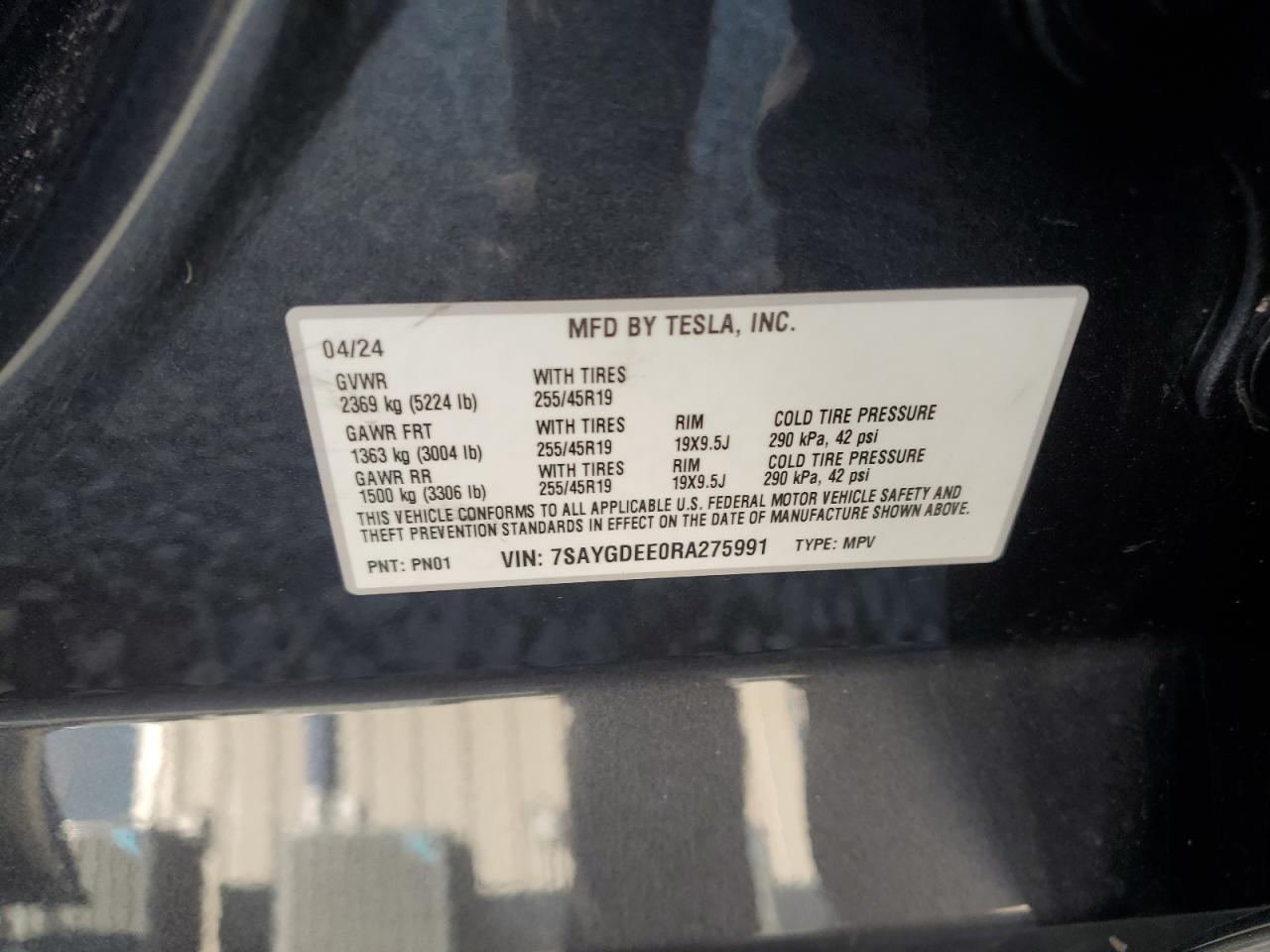 2024 TESLA MODEL Y  VIN:7SAYGDEE0RA275991