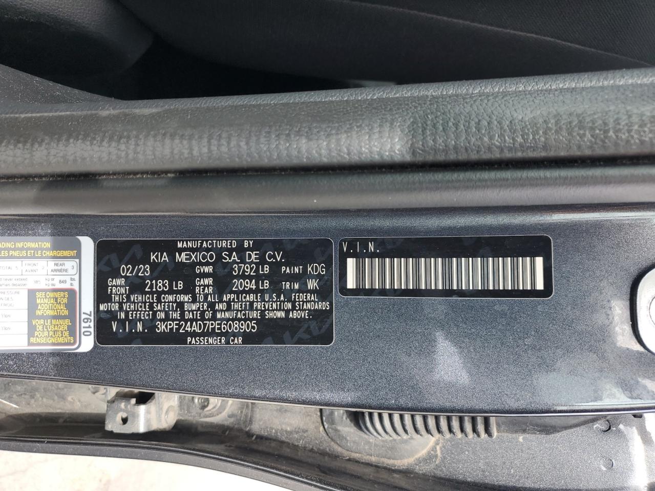 2023 KIA FORTE LX VIN:3KPF24AD7PE608905