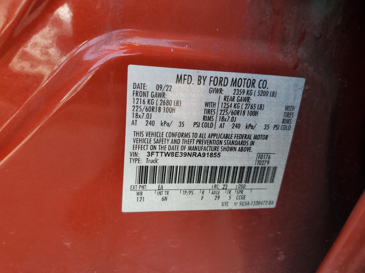 2022 FORD MAVERICK XL VIN:3FTTW8E39NRA91855