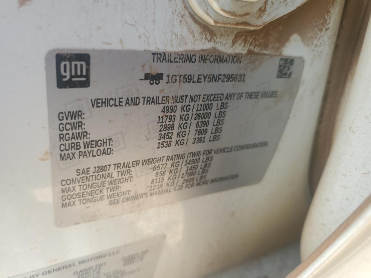 2022 GMC SIERRA K2500 HEAVY DUTY VIN:1GT59LEY5NF295631