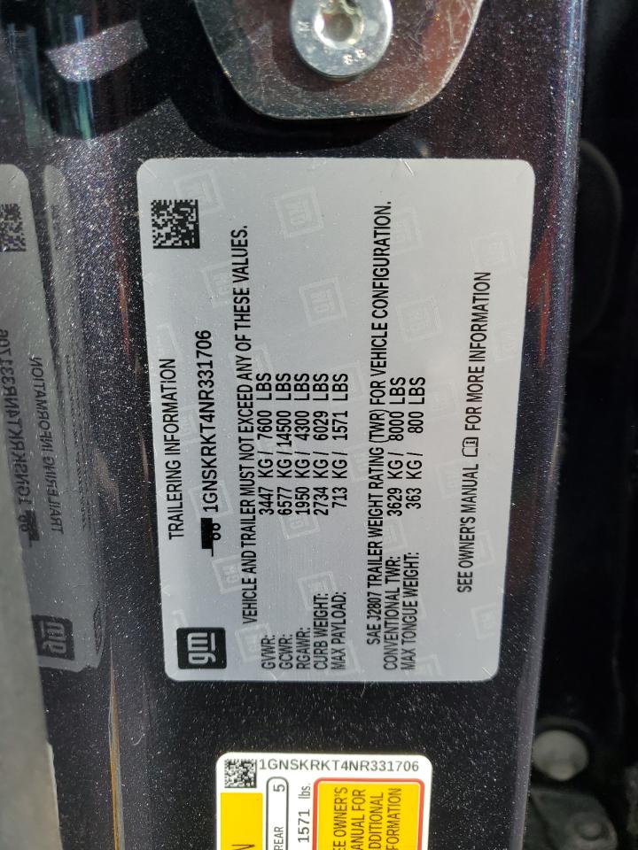 2022 CHEVROLET TAHOE K1500 RST VIN:1GNSKRKT4NR331706