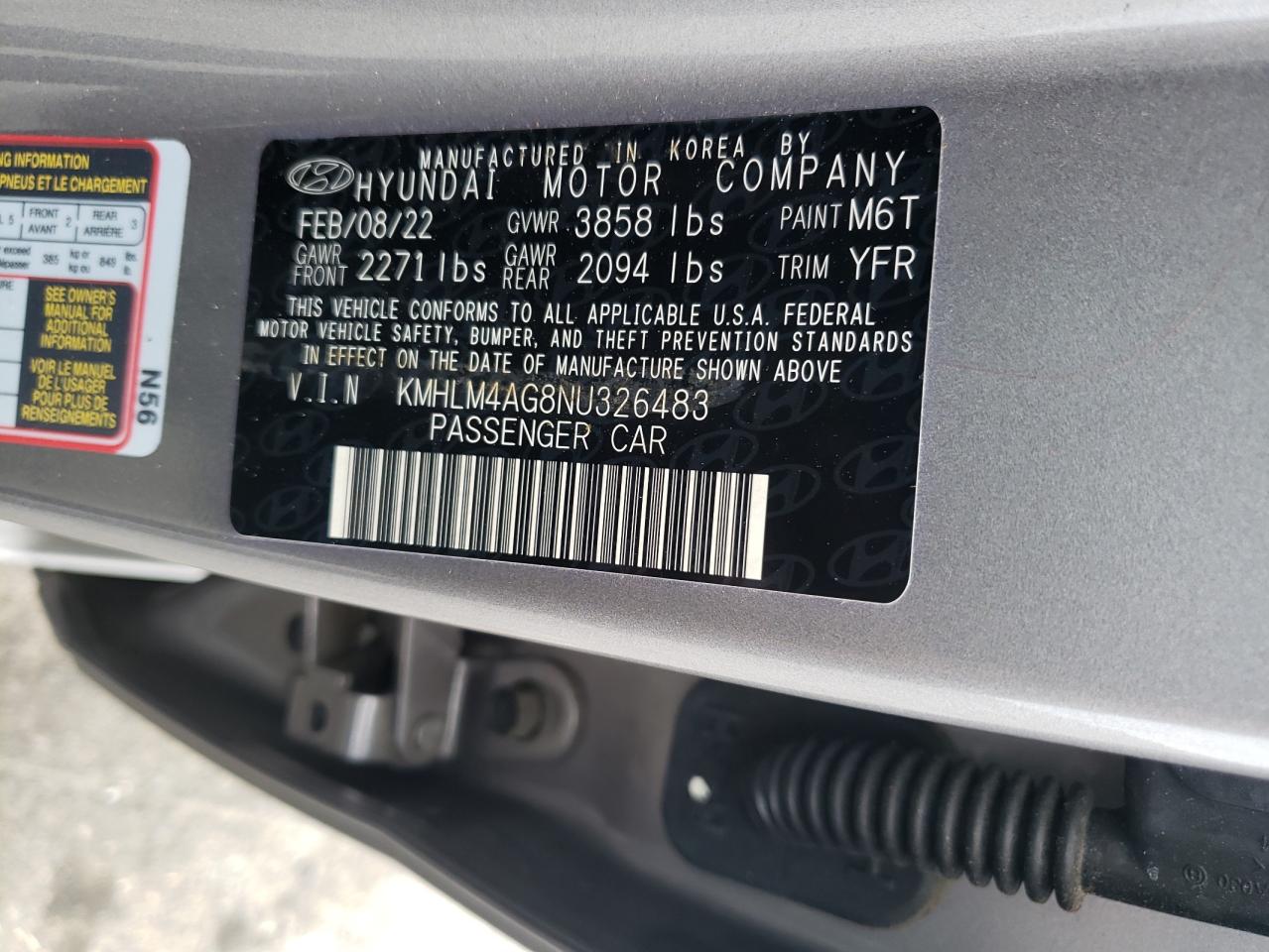 2022 HYUNDAI ELANTRA SEL VIN:KMHLM4AG8NU326483