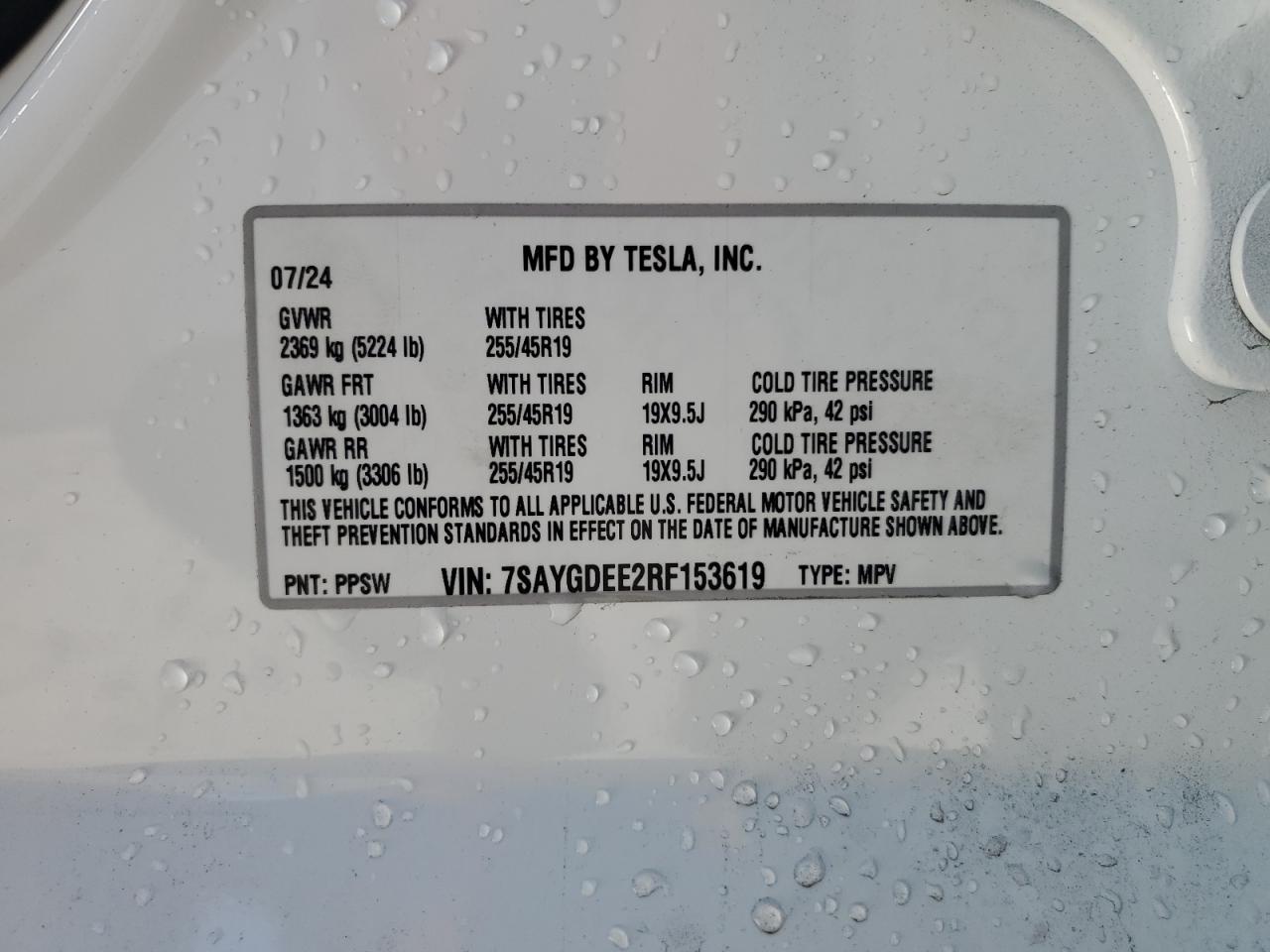 2024 TESLA MODEL Y  VIN:7SAYGDEE2RF153619