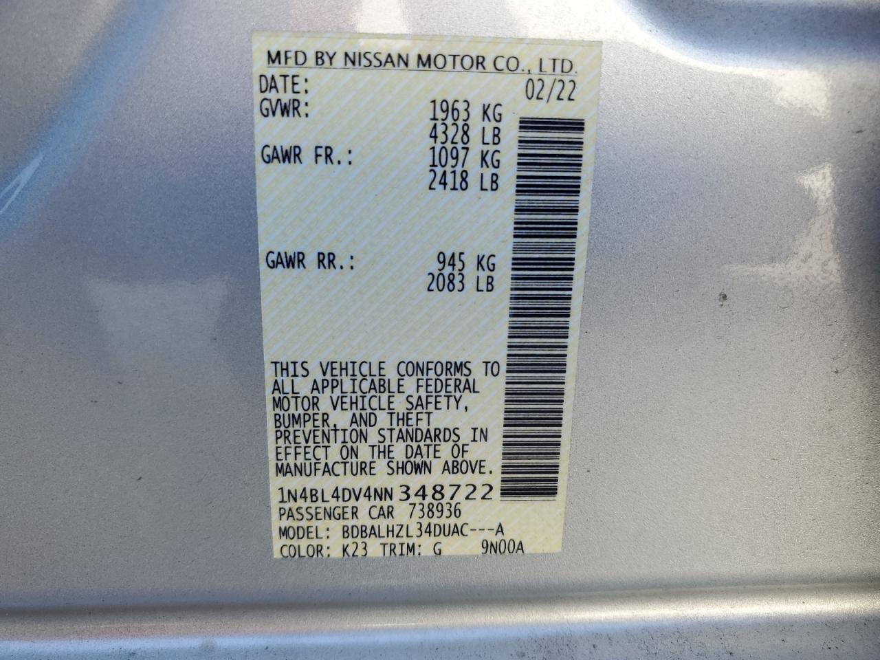 2022 NISSAN ALTIMA SV VIN:1N4BL4DV4NN348722