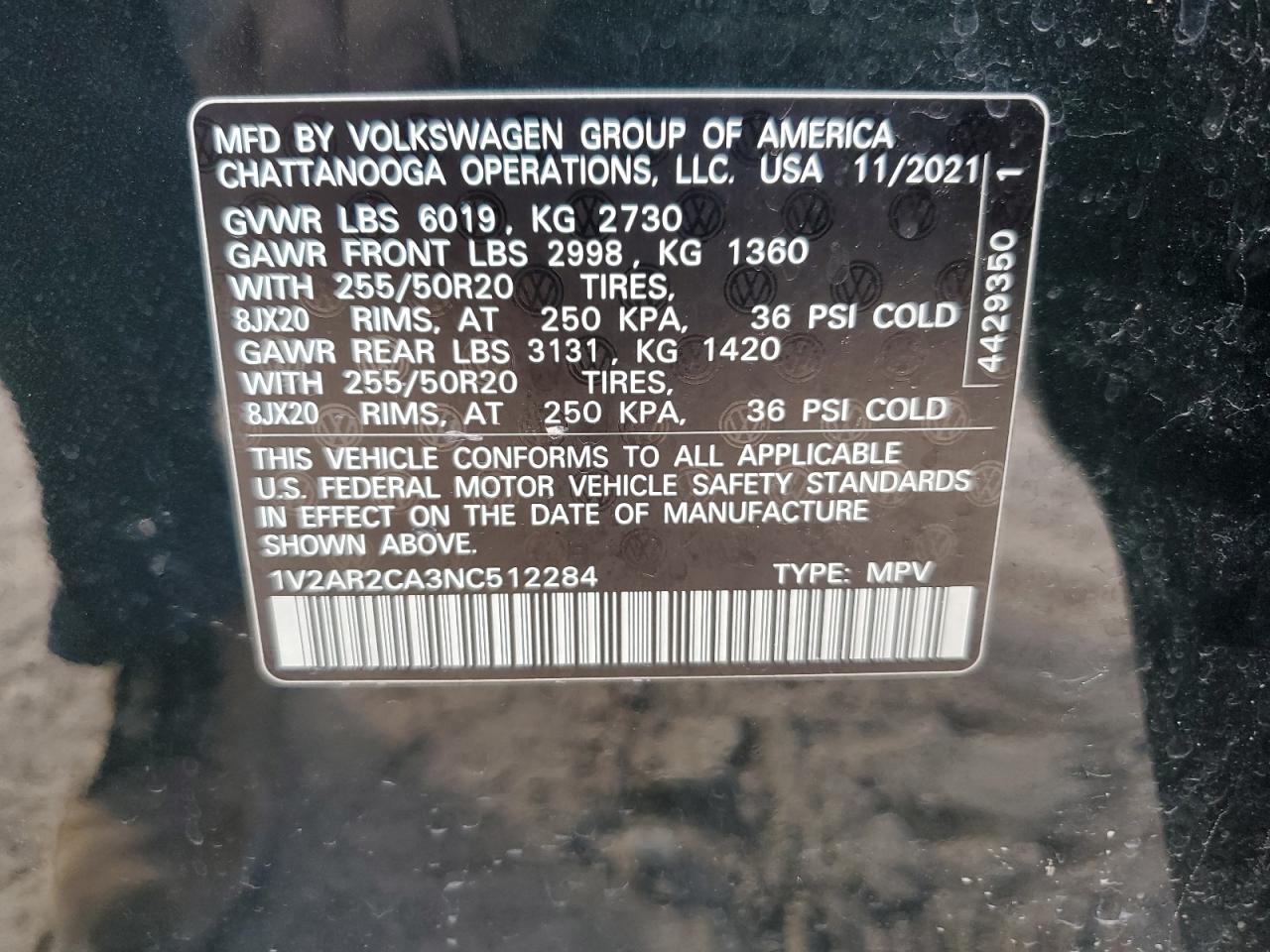2022 VOLKSWAGEN ATLAS SEL R-LINE VIN:1V2AR2CA3NC512284