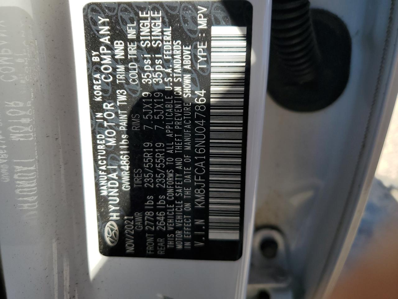 2022 HYUNDAI TUCSON SEL CONVENIENCE VIN:KM8JFCA16NU047864