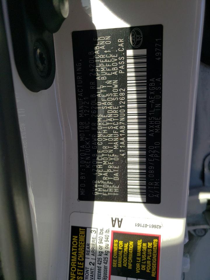 2022 TOYOTA AVALON XLE VIN:4T1AA1AB7NU012682