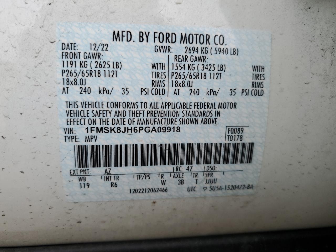 2023 FORD EXPLORER TIMBERLINE VIN:1FMSK8JH6PGA09918