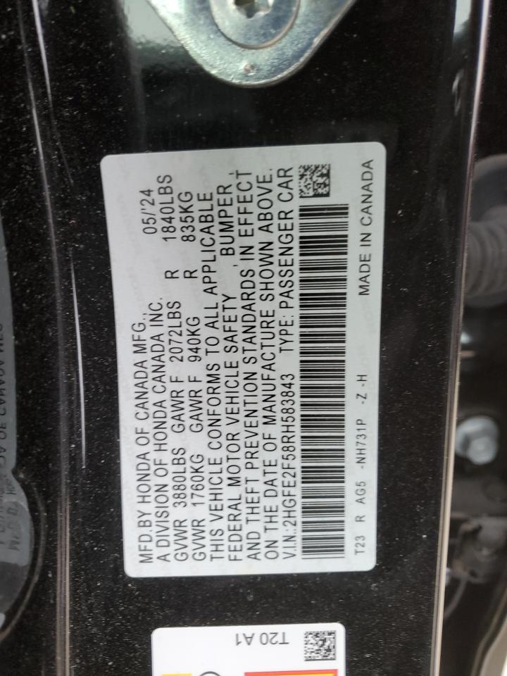2024 HONDA CIVIC SPORT VIN:2HGFE2F58RH583843