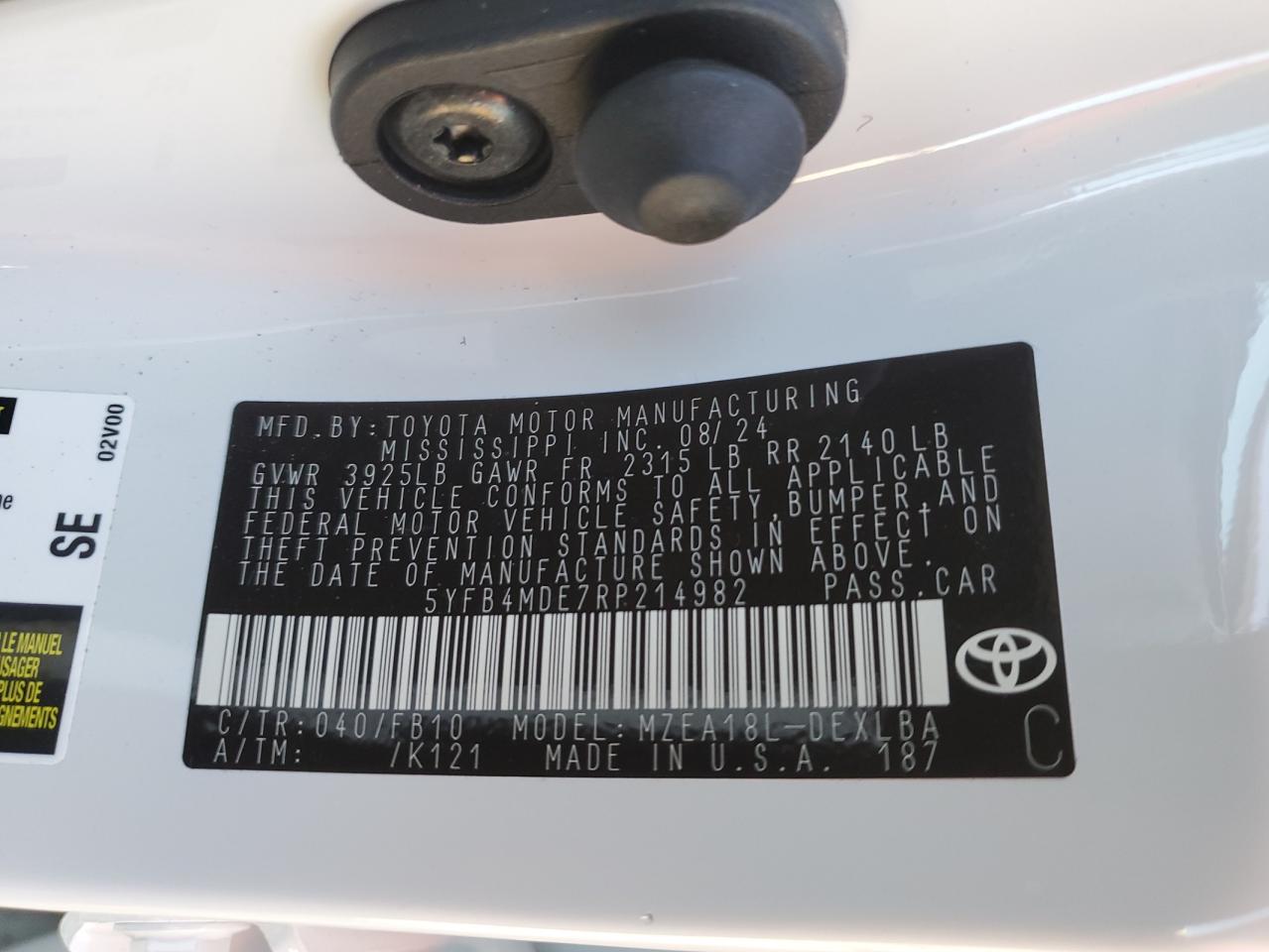 2024 TOYOTA COROLLA LE VIN:5YFB4MDE7RP214982