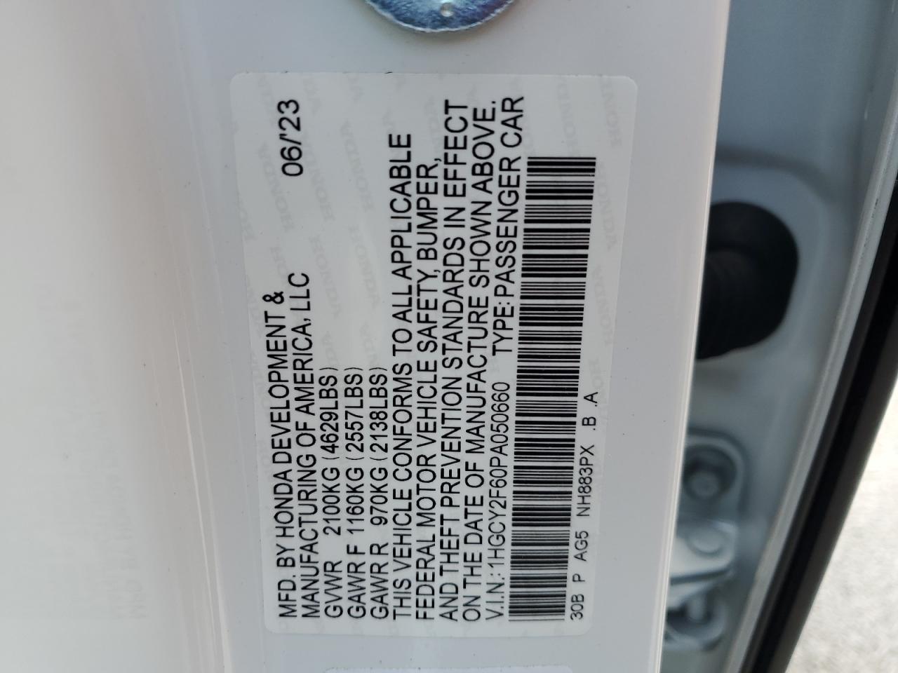 2023 HONDA ACCORD HYBRID EXL VIN:1HGCY2F60PA050660