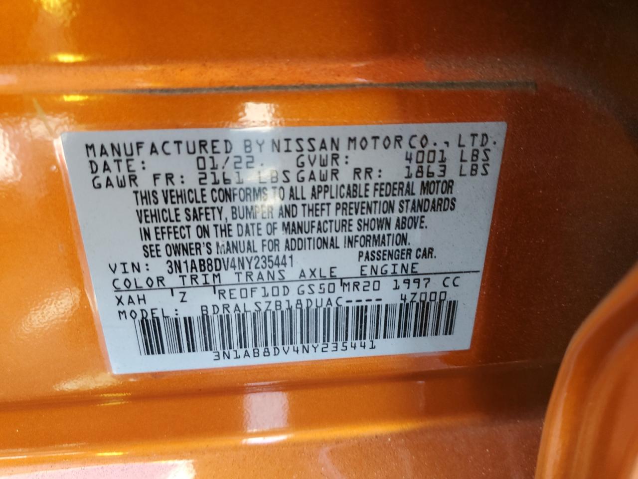 2022 NISSAN SENTRA SR VIN:3N1AB8DV4NY235441