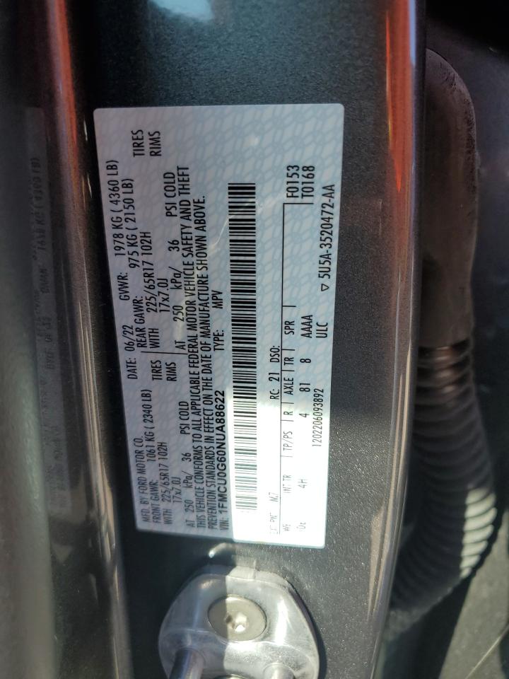 2022 FORD ESCAPE SE VIN:1FMCU0G60NUA88622