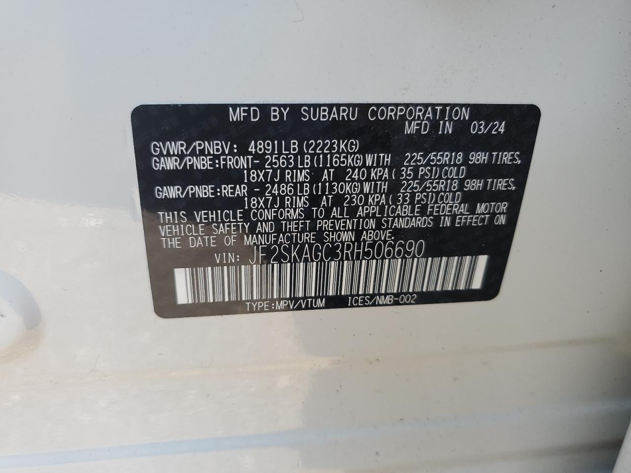 2024 SUBARU FORESTER SPORT VIN:JF2SKAGC3RH506690