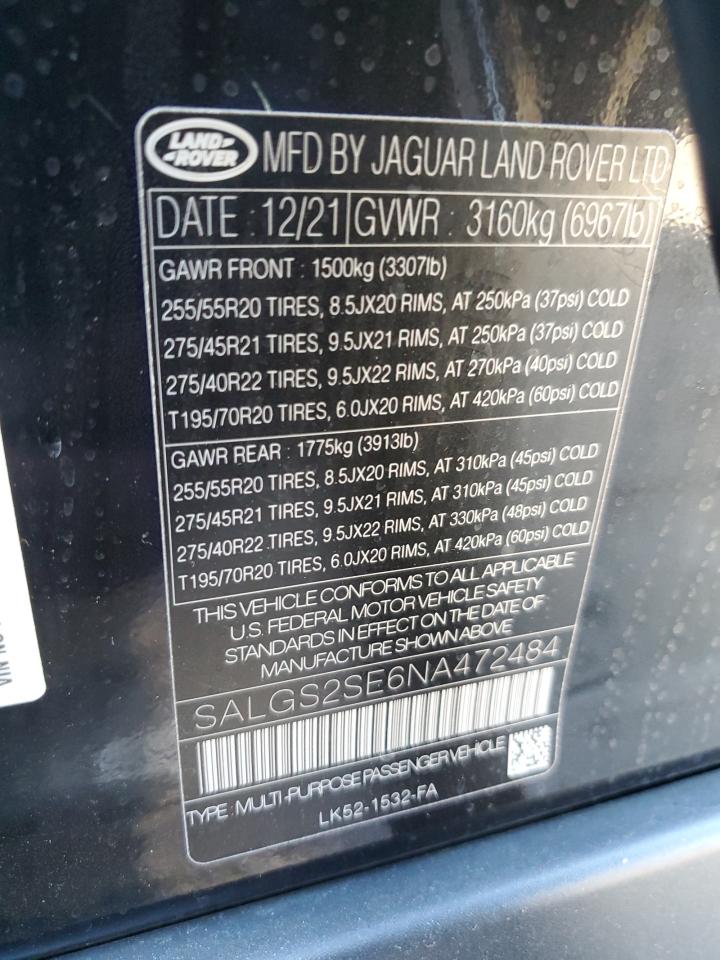 2022 LAND ROVER RANGE ROVER WESTMINSTER EDITION VIN:JTMRWRFV2MD125979