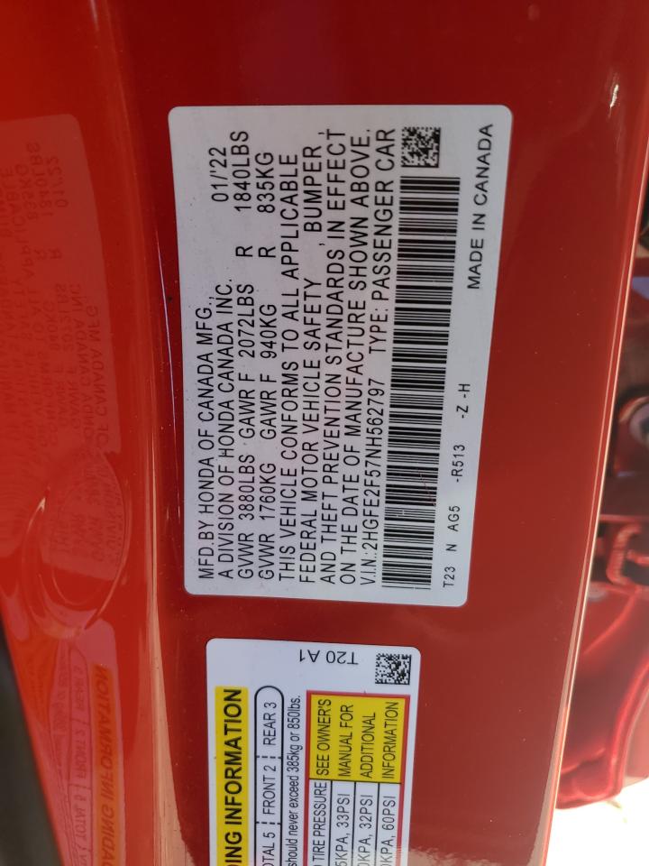 2022 HONDA CIVIC SPORT VIN:2HGFE2F57NH562797