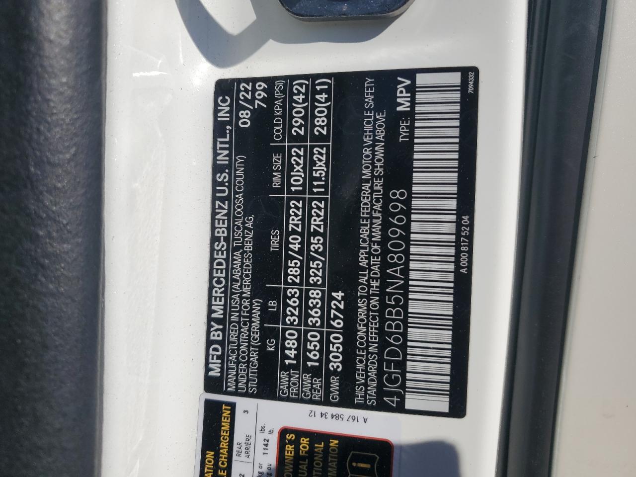 2022 MERCEDES-BENZ GLE COUPE AMG 53 4MATIC VIN:4JGFD6BB5NA809698