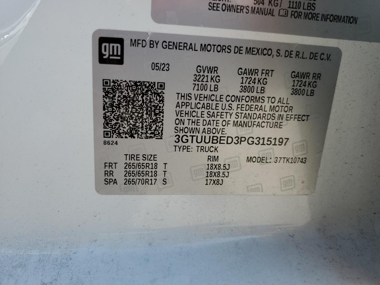 2023 GMC SIERRA K1500 SLE VIN:3GTUUBED3PG315197