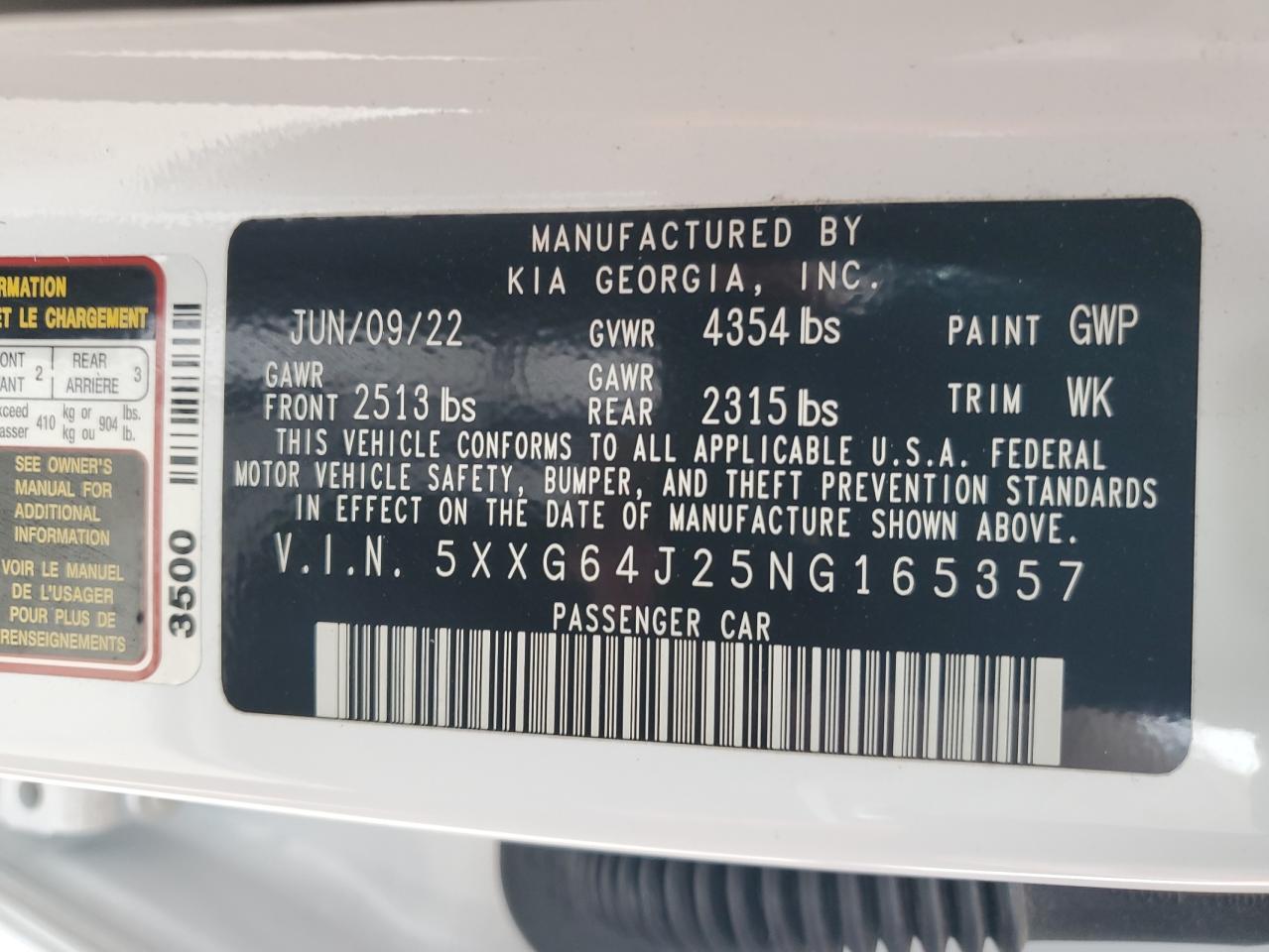 2022 KIA K5 GT LINE VIN:5XXG64J25NG165357