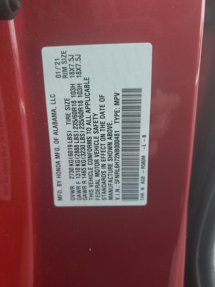 2022 HONDA ODYSSEY EXL VIN:5FNRL6H72NB000481