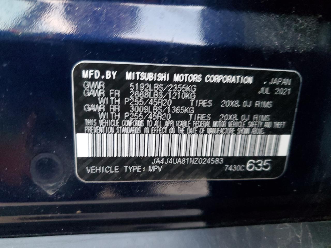 2022 MITSUBISHI OUTLANDER SE VIN:JA4J4UA81NZ024583