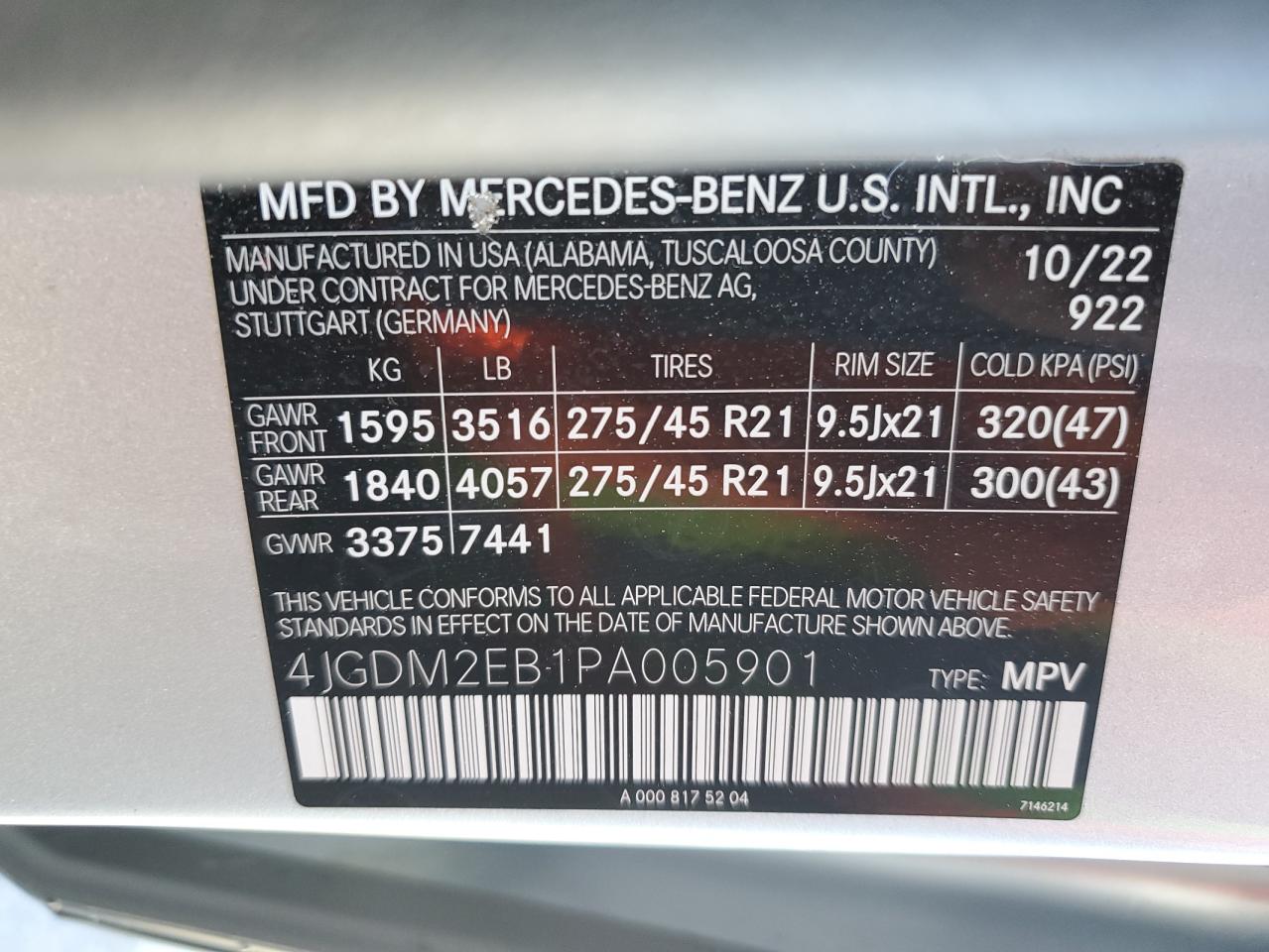 2023 MERCEDES-BENZ EQS SUV 450 4MATIC VIN:4JGDM2EB1PA005901