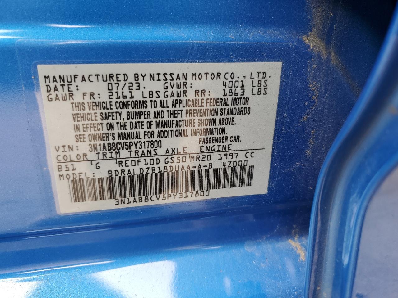 2023 NISSAN SENTRA SV VIN:3N1AB8CV5PY317800