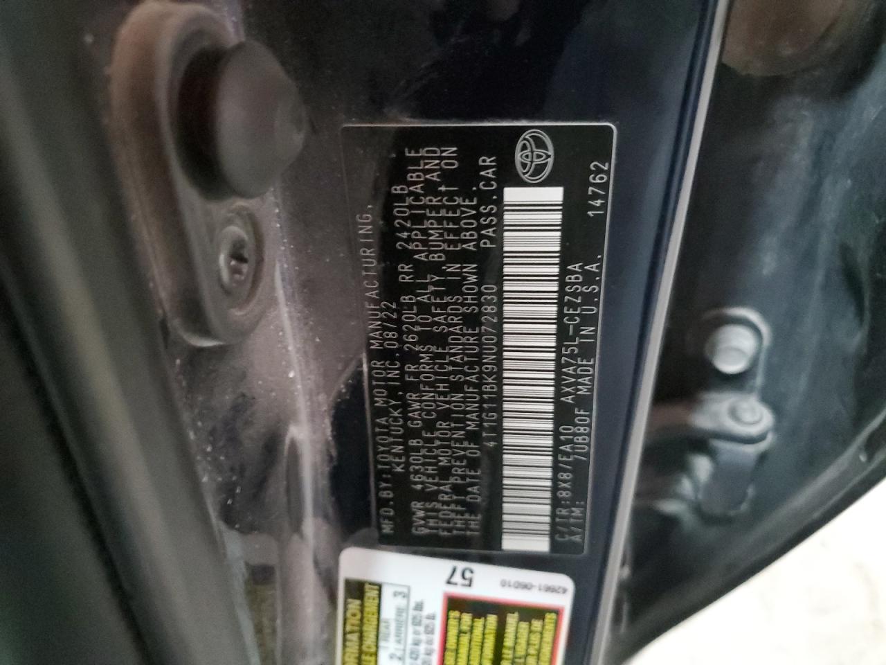 2022 TOYOTA CAMRY SE VIN:4T1G11BK9NU072830