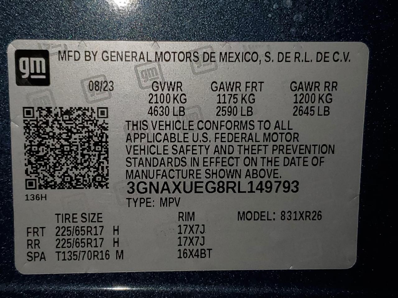 2024 CHEVROLET EQUINOX LT VIN:3GNAXUEG8RL149793