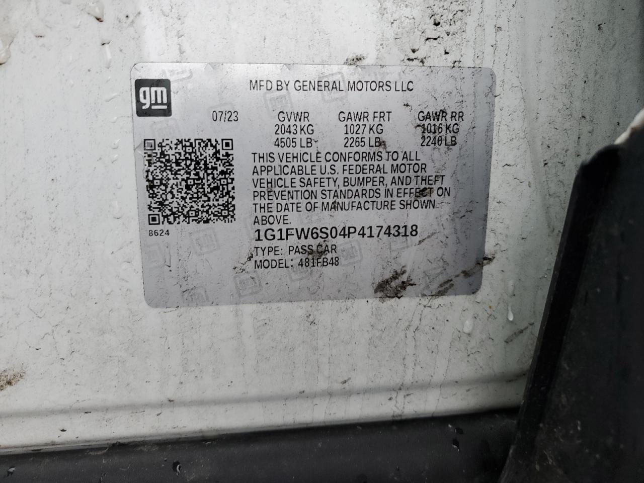 2023 CHEVROLET BOLT EV 1LT VIN:1G1FW6S04P4174318