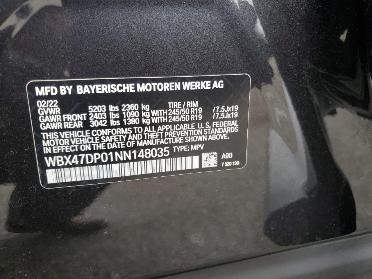 2022 BMW X3 SDRIVE30I VIN:WBX47DP01NN148035