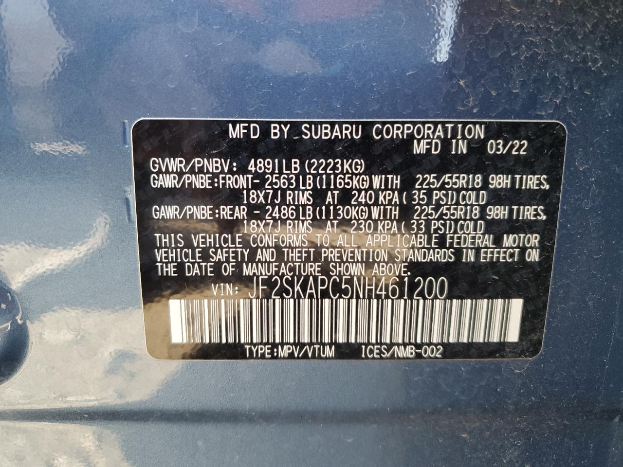 2022 SUBARU FORESTER LIMITED VIN:JF2SKAPC5NH461200