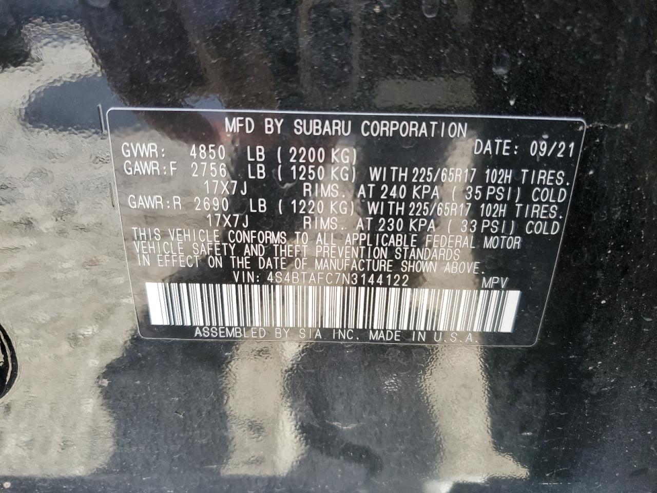 2022 SUBARU OUTBACK PREMIUM VIN:4S4BTAFC7N3144122