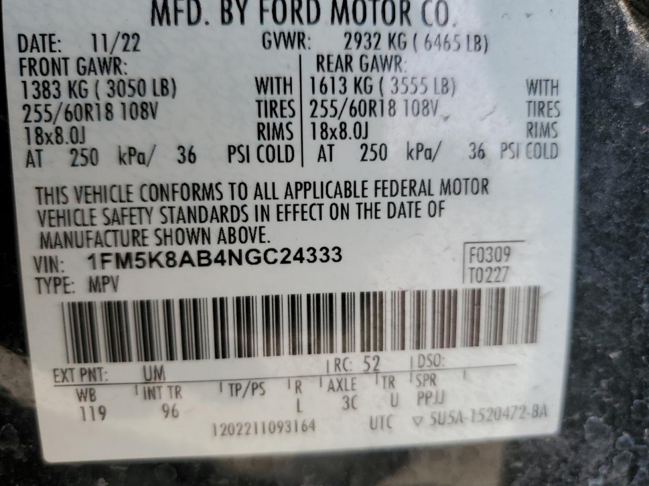 2022 FORD EXPLORER POLICE INTERCEPTOR VIN:1FM5K8AB4NGC24333