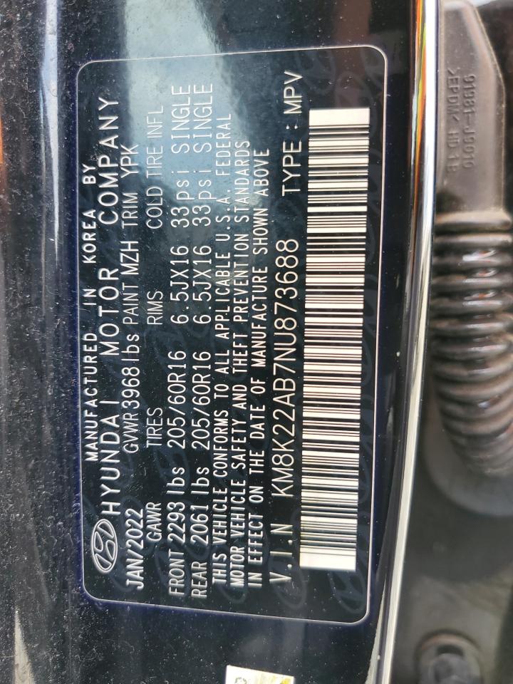 2022 HYUNDAI KONA SEL VIN:KM8K22AB7NU873688