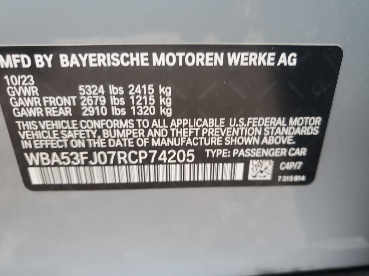 2024 BMW 530 XI VIN:WBA53FJ07RCP74205