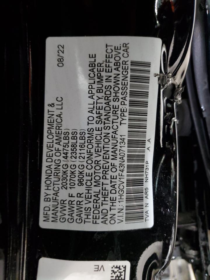 2022 HONDA ACCORD SPORT SE VIN:1HGCV1F43NA071341